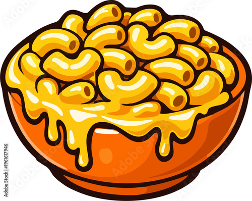 Cheesy Macaroni and Cheese in Orange Bowl Cartoon Illustration - Bold Thick Elbow Pasta with Dripping Melted Cheese Sauce Vector Art