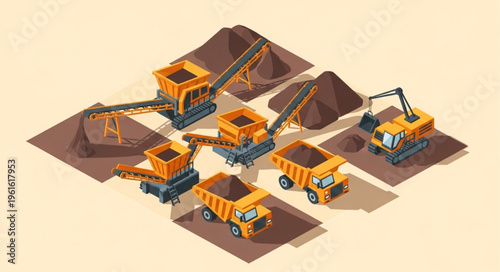Isometric Mining Operation with Heavy Machinery and Earth Piles.