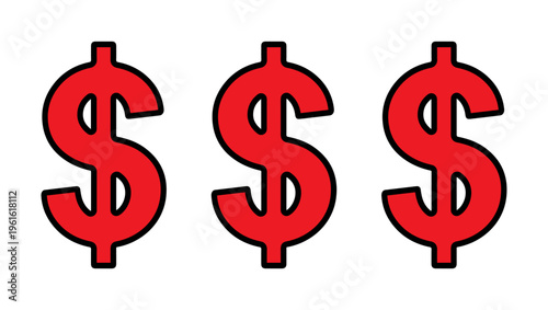 Three red dollar signs against a plain white background simple illustration