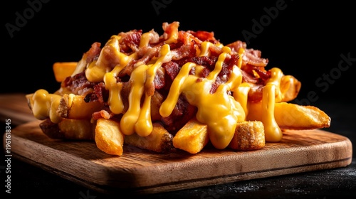 Delicious loaded fries topped with crispy bacon and creamy cheese sauce served on a wooden board against a dark background for a mouthwatering appeal