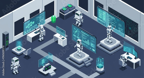 Isometric Robot Research Lab with Advanced Technology and AI.