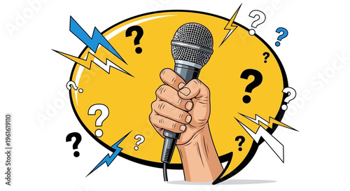 Hand holding microphone with question marks.