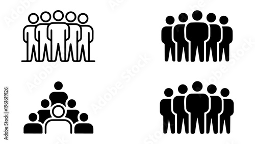 Simple black silhouette icons depicting various group arrangements of people
