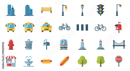 City Icons Set: Buildings, Transport, Street Furniture, and Landmarks