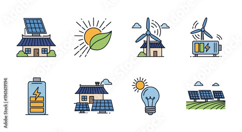 Renewable Energy Icons: Solar Panels, Wind Turbines, Battery, Light Bulb, Green Leaf