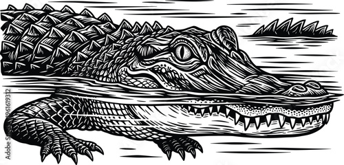Black and white illustration of alligator partially submerged in water, bold lines, detailed scales, teeth, eyes, reptile wildlife, natural habitat scene