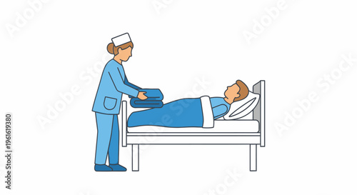 Nurse Changing Bed Linens for Patient in Hospital Bed - Illustration