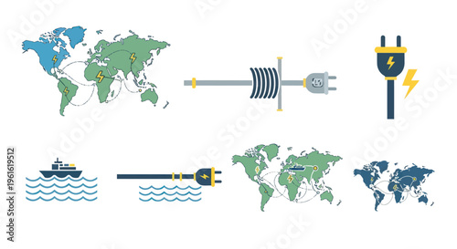Global Energy Connection: World Map, Power Plug, and Shipping Icons
