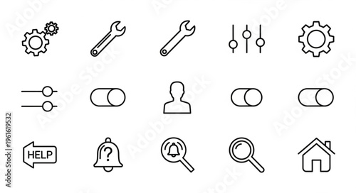 Collection of Hand-Drawn Settings and Tools Icons for User Interface Design.