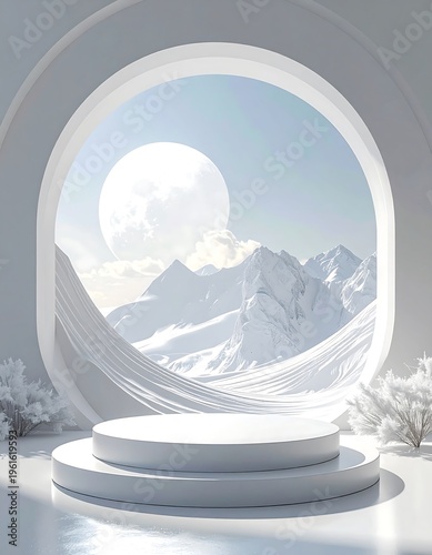 A white platform in a minimalistic room with a large window framing snow-capped mountains and a moon
