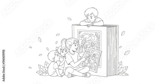 children reading book with dog