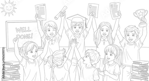 Children celebrating graduation with books and awards
