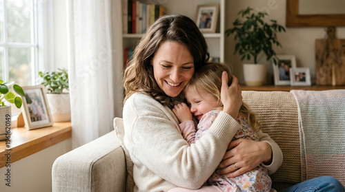 mother hugging little child with living room background.