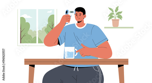 A man sits at a table by a window, checking his temperature with a thermometer while holding a mug, in a casual indoor setting with a plant.
