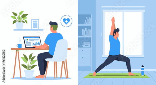Illustration of a man working on laptop at desk and practicing yoga in a home office with green yoga mat and plants.