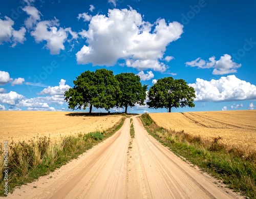 A winding dirt road leads towards a group of three trees under a bright blue sky with clouds