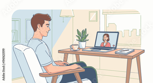 A man sits at a desk with a laptop and coffee cup, participating in a video call with a woman in a home office setting with a plant and city view.