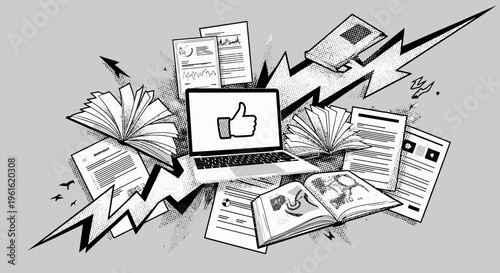 Laptop with Thumbs Up Icon Surrounded by Documents and Books on a Gray Background Representing Online Learning and Content Creation