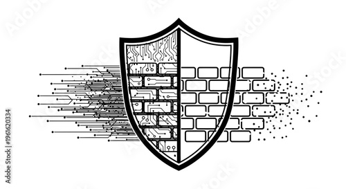 cyber security shield with cracked brick wall