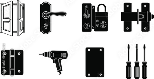 Black, and, white, icon, set, of, door, hardware, including, locks, handles, hinges, drill, and, screwdrivers, for, home, repair, maintenance, construction, and, renovation