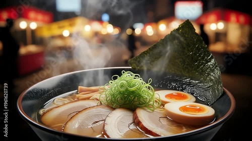 A steaming bowl of ramen topped with sliced pork, green onions, and eggs at a vibrant night market
