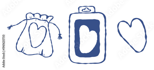 Gua Sha Massage Tool Kit for Facial Skincare. Stone Scraper with Storage Case and Drawstring Pouch. Isolated Blue Outline Hand Drawn on White. Vector Illustration. Modern Beauty Rituals