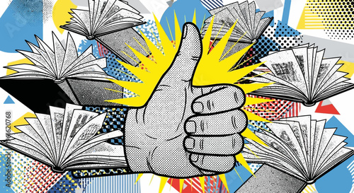 Hand giving thumbs up surrounded by flying books in colorful background.