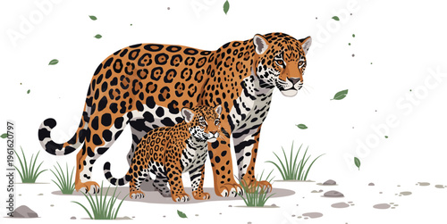 Leopard Mother and Cub in Natural Habitat with Grass and Wildlife Environment Detailed Vector Illustration for Animal Family Nature Conservation and Safari Designs