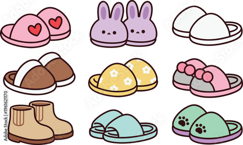 Vector, Illustration, Set, of, Cute, Colorful, Indoor, Slippers, for, Comfort, Identity, Branding, Professional, Graphic, Design, Projects, Collection, Elements, Home, Apparel, Art, Fashion, Footwear