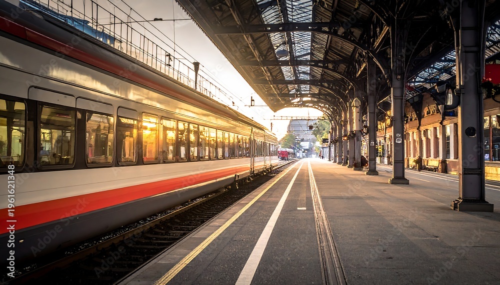 Obraz premium A train at a sunlit station platform, with overhead shelter and old brick buildings
