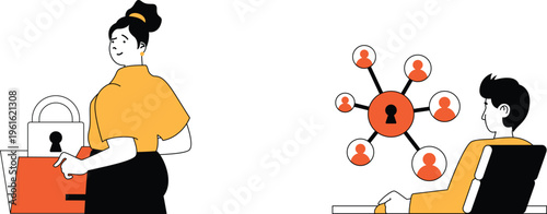 A woman unlocks a secure box while a man observes a network of connected profiles with a lock symbol