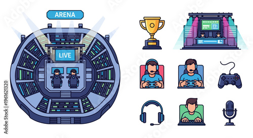 Pixel Art Esports Arena and Gaming Icons - Competition and Technology