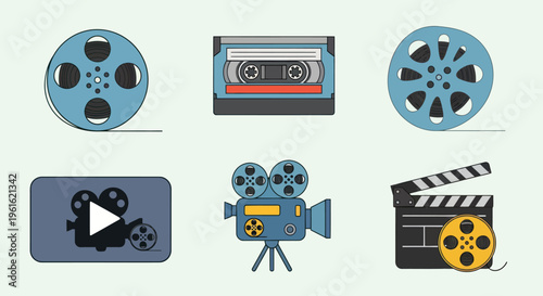 Vintage Film and Audio Icons: Reel, Cassette, Camera, Clapperboard, Play Button