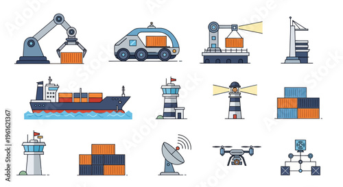 Logistics and Shipping Icons: Robots, Drones, Ships, Containers, and Ports