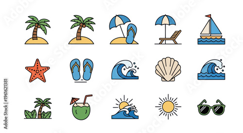 Summer Beach Icons: Palm Trees, Ocean Waves, Sun, Sailboat, Starfish