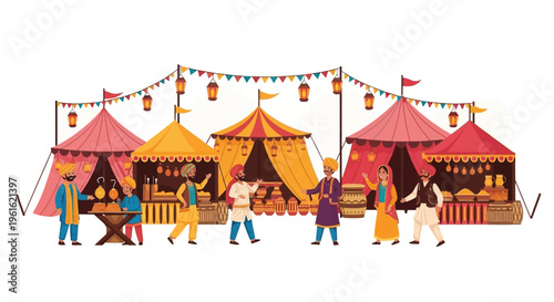 Rajasthani cultural festival illustration with traditional tents and people in folk dress celebrating Rajasthan Day, showcasing Indian heritage with vibrant colors and lively atmosphere.