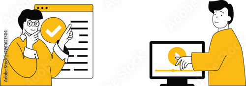 Two people engaging with checklists and video tutorials for learning or task completion assistance
