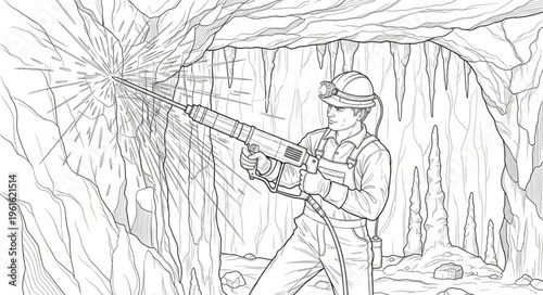 Miner at Work - Detailed Line Art of Underground Mining.