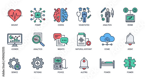 Healthcare Technology Icons: AI, Brain, Heart, Stethoscope, Analytics, Cloud, Bed