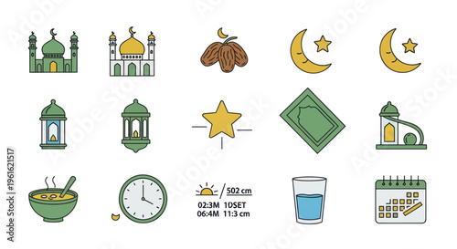 Ramadan Icons Set: Mosque, Moon, Stars, Dates, Lantern, Prayer Mat, Calendar