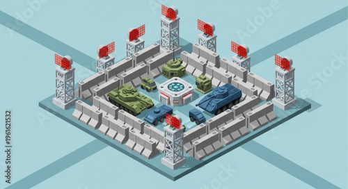 Isometric Military Base with Tanks and Defensive Structures Illustration.