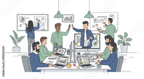 Diverse team collaborating in modern office, brainstorming ideas, planning strategies, achieving success