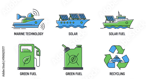 Eco-Friendly Shipping & Energy Icons: Solar, Green Fuel, Marine Tech, Recycling