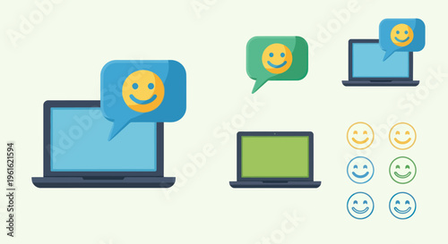 Laptop with Smiley Face Chat Bubble Icons - Positive Communication & Feedback