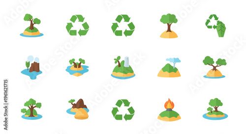 Eco friendly nature icons: islands, trees, recycling symbols, volcanoes