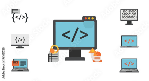 Coding and Programming Icons: Computer, Laptop, Binary Code, Brackets