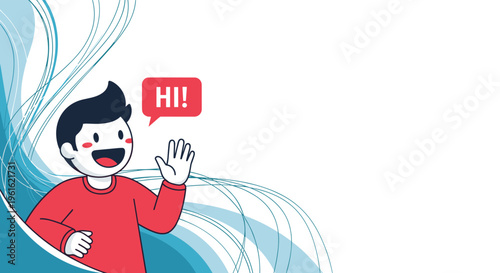 Friendly greeting and communication illustration with a cartoon character waving and saying hello in a red speech bubble for web welcome.