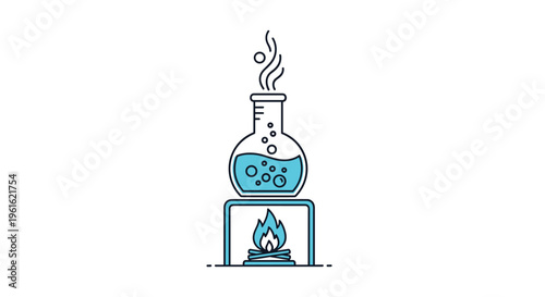 Chemistry laboratory experiment concept showing a chemical flask being heated by a burner with rising steam and bubbles for science education.