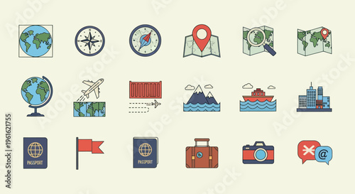 Travel and Navigation Icons Set: Globe, Compass, Map, Plane, Cruise Ship, Suitcase, Passport