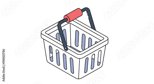 Three dimensional isometric shopping basket icon with a red handle for modern retail and e-commerce marketing concepts on white background.